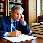 A thoughtful professional academic, fully clothed in a modest business suit, seated at a polished wooden desk, surrounded by stacks of classic academic books and open research papers. The academic is holding a pen, deep in thought, with a subtle expression of concentration and the quiet joy of discovery, capturing the complex journey of academic writing. The background is a warm, well-lit university library with large windows. safe for work, appropriate content, fully clothed, professional, perfect anatomy, correct proportions, natural pose, well-formed hands, proper finger count, natural body proportions, professional photography, high quality.