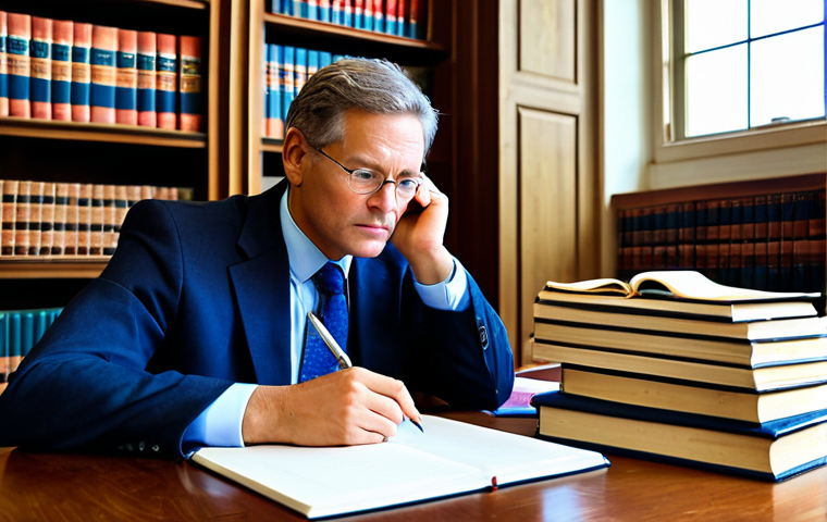 A thoughtful professional academic, fully clothed in a modest business suit, seated at a polished wooden desk, surrounded by stacks of classic academic books and open research papers. The academic is holding a pen, deep in thought, with a subtle expression of concentration and the quiet joy of discovery, capturing the complex journey of academic writing. The background is a warm, well-lit university library with large windows. safe for work, appropriate content, fully clothed, professional, perfect anatomy, correct proportions, natural pose, well-formed hands, proper finger count, natural body proportions, professional photography, high quality.