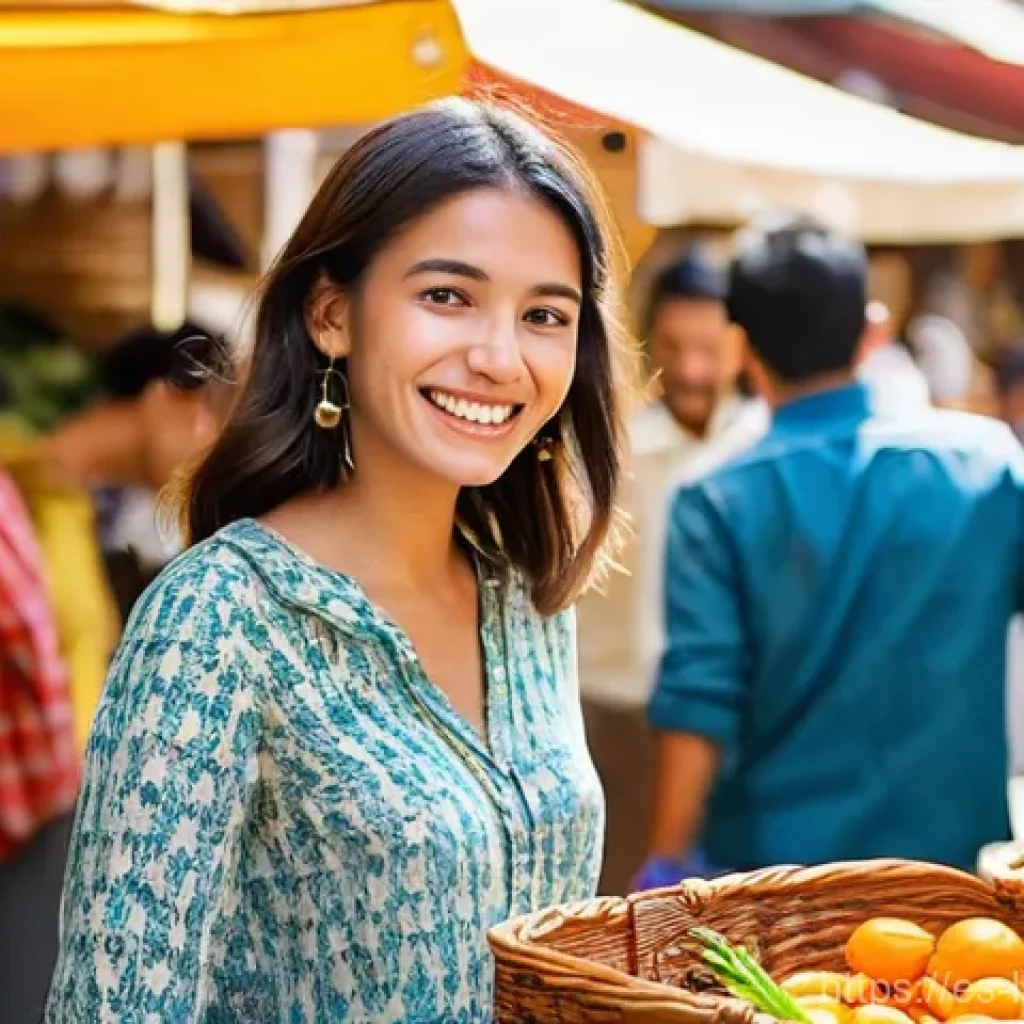 언어 교육의 사회적 요소 - **Prompt: Vibrant Market Language Exchange**
    "A cheerful young adult, dressed in a casual but st...