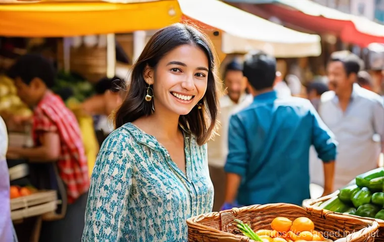 언어 교육의 사회적 요소 - **Prompt: Vibrant Market Language Exchange**
    "A cheerful young adult, dressed in a casual but st...