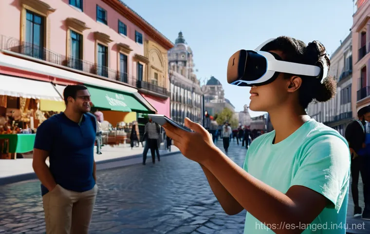 언어 교육에서의 국제학술 대회 - **Immersive AI Language Learning Experience:**
    A medium shot of a diverse young adult, approxima...