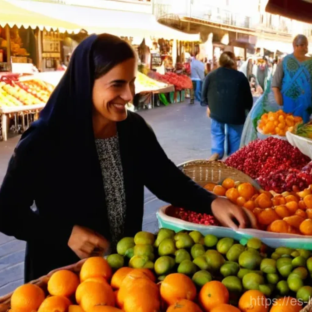 언어 교육에서의 문화 교육 - **Prompt:** A bustling, vibrant local market in Seville, Spain, teeming with life. A young adult fem...