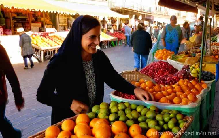 언어 교육에서의 문화 교육 - **Prompt:** A bustling, vibrant local market in Seville, Spain, teeming with life. A young adult fem...