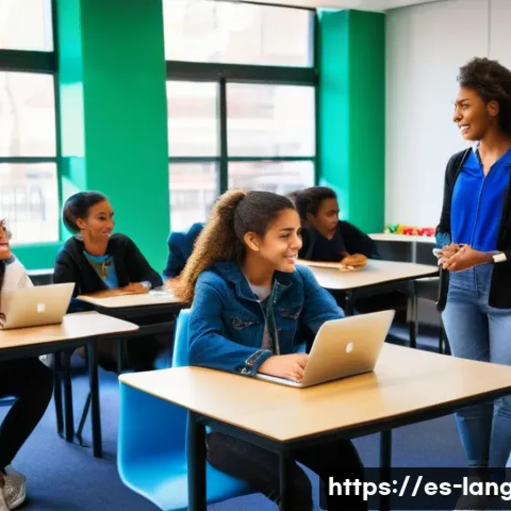 언어 교육에서의 총괄 평가 - **Modern Language Classroom with Interactive Learning:**
    A vibrant, sunlit classroom filled with...