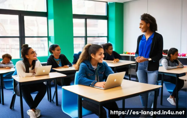 언어 교육에서의 총괄 평가 - **Modern Language Classroom with Interactive Learning:**
    A vibrant, sunlit classroom filled with...