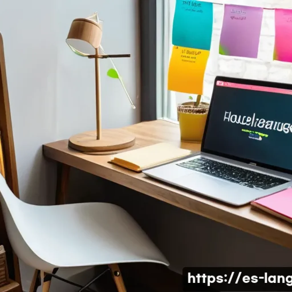 언어 학습 전략과 접근법 - A cozy and modern home study corner designed for Spanish-speaking language learners, featuring a woo...