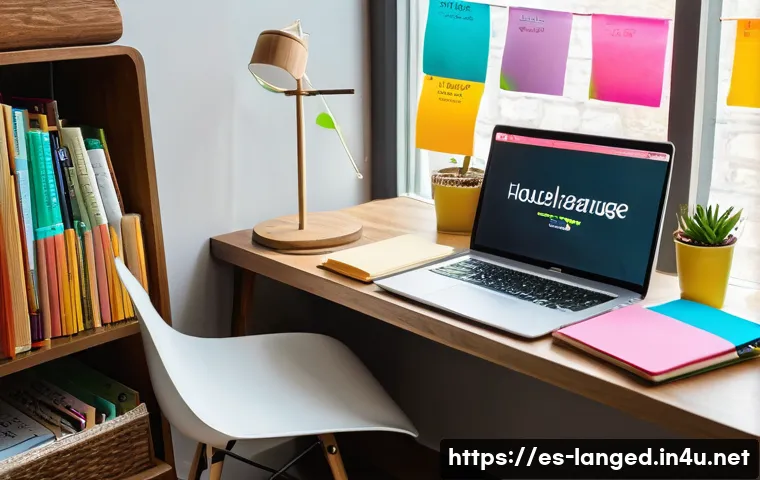 언어 학습 전략과 접근법 - A cozy and modern home study corner designed for Spanish-speaking language learners, featuring a woo...