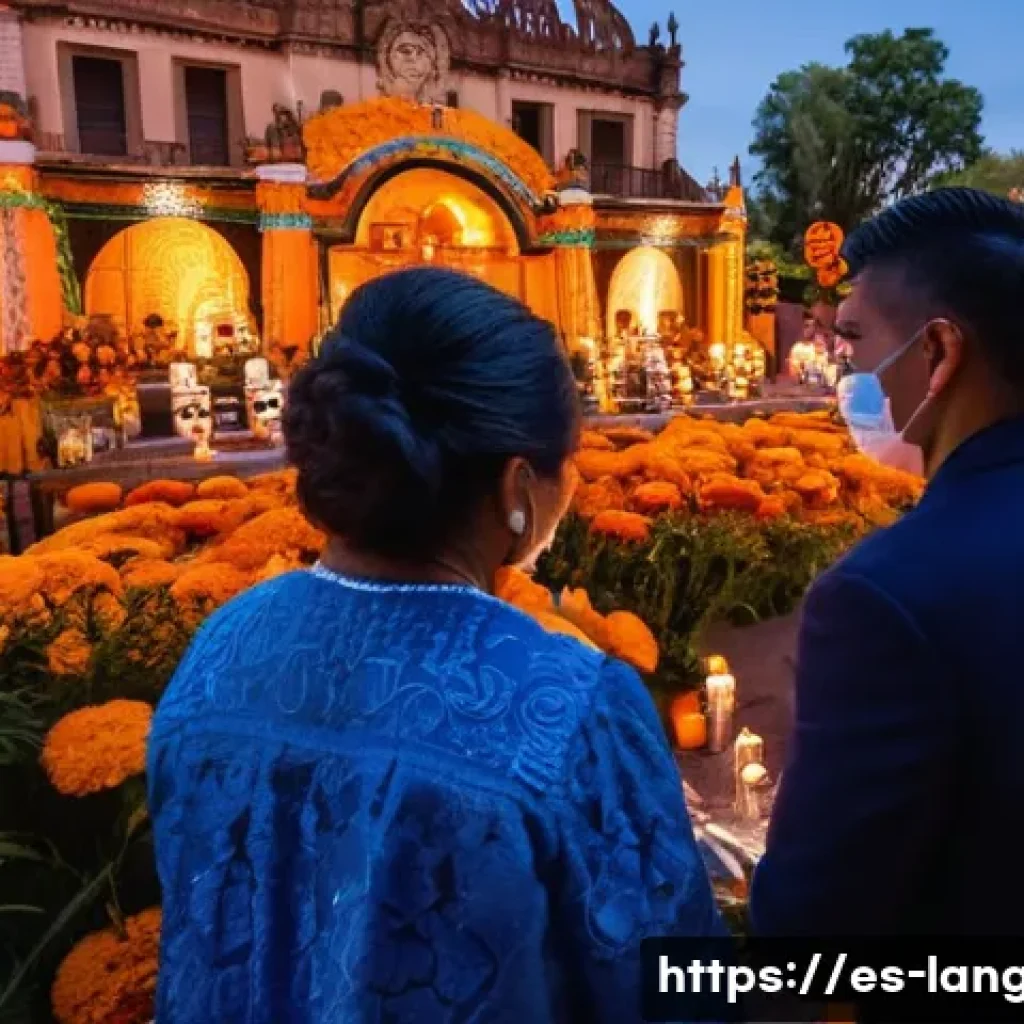 언어 교육에서의 문화적 콘텐츠 활용 - A vibrant scene of the Mexican Día de los Muertos celebration, featuring people dressed in tradition...