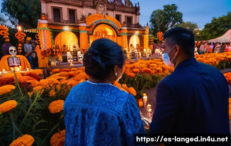 언어 교육에서의 문화적 콘텐츠 활용 - A vibrant scene of the Mexican D&iacute;a de los Muertos celebration, featuring people dressed in tradition...