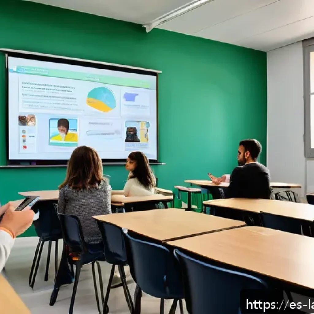 언어 교육 과정 개발 - A modern classroom scene in Spain with diverse adult students actively engaging in a language learni...