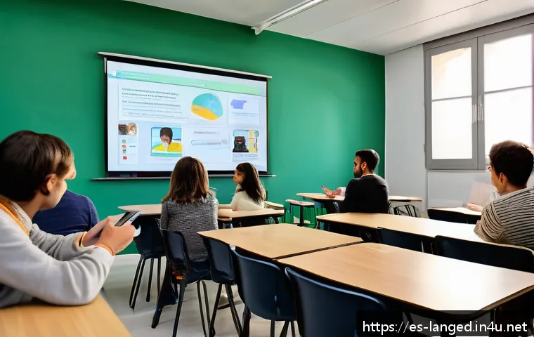 언어 교육 과정 개발 - A modern classroom scene in Spain with diverse adult students actively engaging in a language learni...