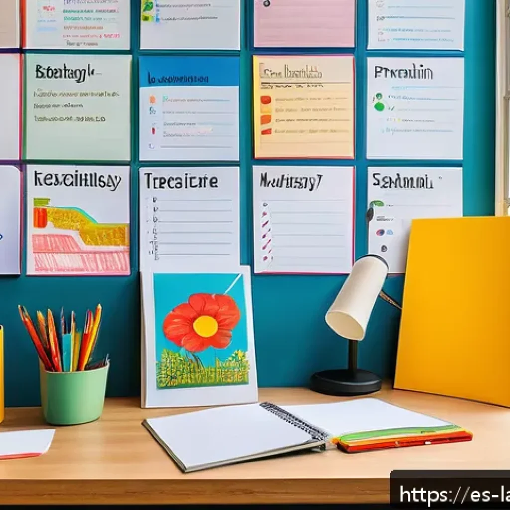 언어 교육에서의 비주얼 학습 - A vibrant and well-organized Spanish language study desk setup in a bright, cozy room with natural s...
