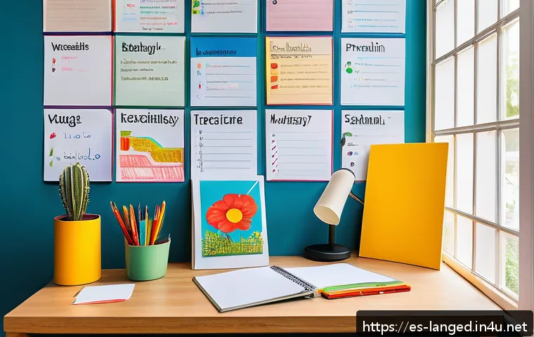 언어 교육에서의 비주얼 학습 - A vibrant and well-organized Spanish language study desk setup in a bright, cozy room with natural s...
