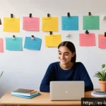 Home 19 언어 학습의 기억 이론 - A cozy, well-lit study corner in a modern Spanish apartment featuring a young adult studying a new l...