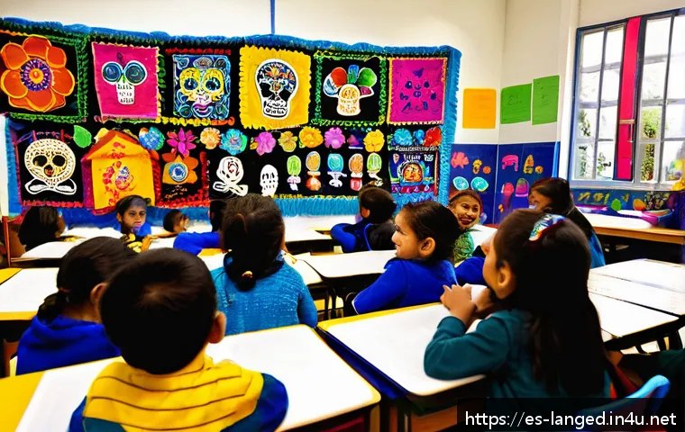 언어 교육에서의 교차 문화 교육 - A lively classroom scene in a Latin American school where a diverse group of students joyfully celeb...