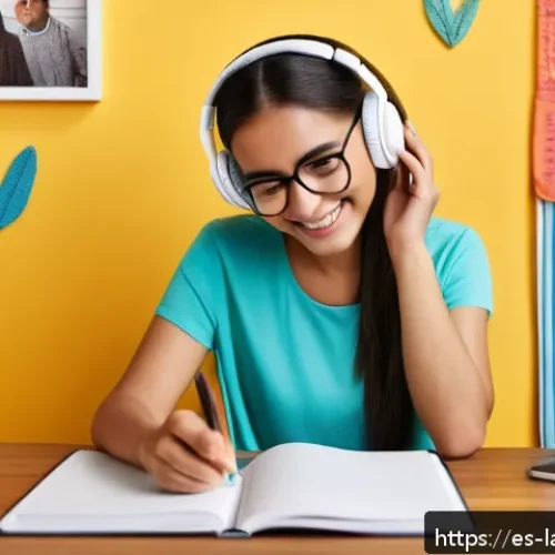 Home 17 언어 교육학의 최근 연구 동향 - A vibrant digital classroom scene showing a young adult Hispanic woman using a smartphone app for la...