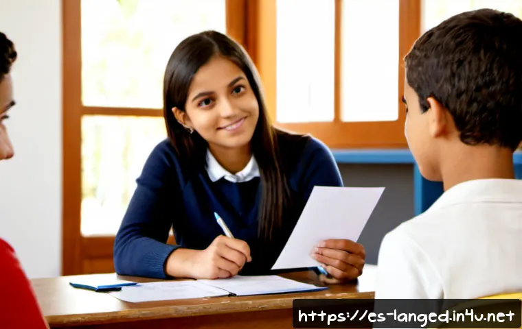 언어 교육 평가 방법 - Photorealistic Spanish-language classroom assessment scene, a friendly adult teacher observing three...