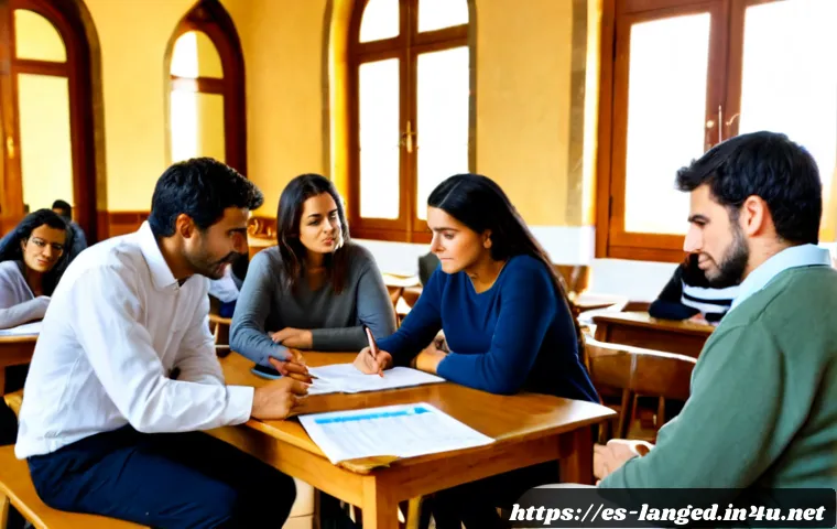 언어 교육의 학술적 논의 - Photorealistic university seminar on language education research in a Spanish-speaking city, diverse...